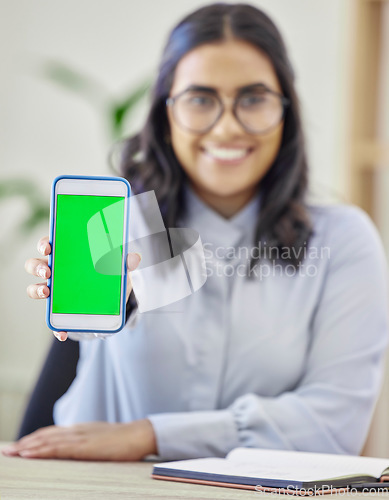 Image of Happy woman, hands and phone green screen for advertising, marketing or branding on mockup at office. Portrait of female person holding mobile smartphone display, chromakey or app logo at workplace