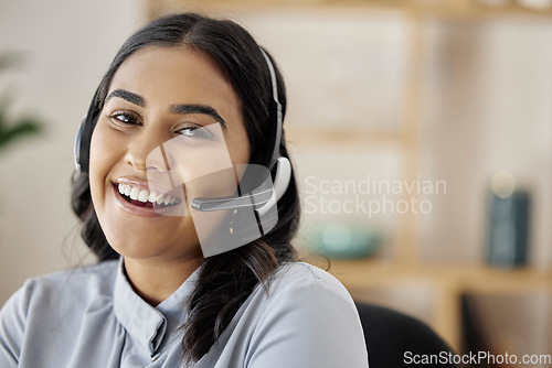 Image of Portrait, customer support or happy woman in call center with mic on headset for friendly services. Girl virtual assistant, smile or face of telemarketing sales agent talking online in telecom office