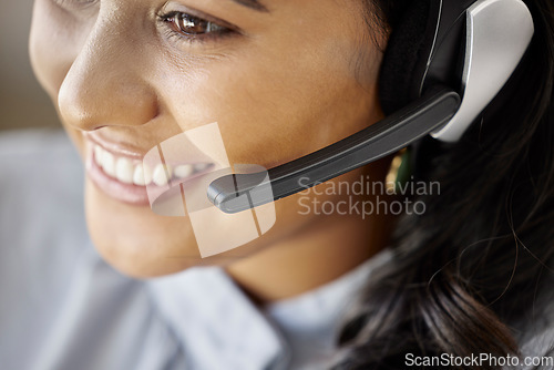 Image of Face, call center or happy woman in communication on mic or headset for friendly customer service. Girl virtual assistant, smile or telemarketing sales agent explaining online in telecom tech support