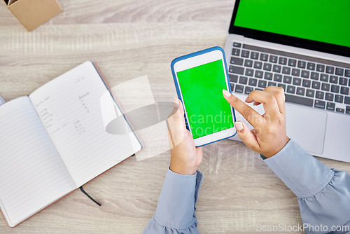 Image of Technology, hands of woman with smartphone and green screen on laptop with notebook for research. Planning or mockup space, online communication or internet and top view of female person at office