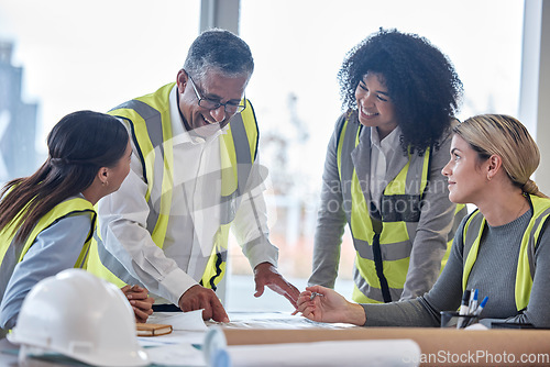 Image of Planning, floor plan and business people in office meeting, teamwork and construction, happy design or engineering. Paper, blueprint and manager, women and man talking ideas of sketch in architecture