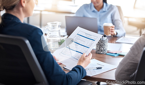 Image of Business people, finance or hands on documents in meeting for tax auditor sales growth in office. Analytics, paperwork or accounting manager with accountant for financial research analysis together