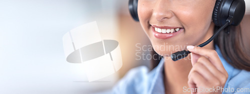 Image of Call center, mouth and happy woman in office listening for communication, support and contact us for customer service. Mic, telemarketing and sales agent, consultant or employee with mockup space.