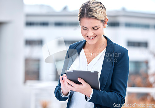 Image of Happy, business and a woman with a tablet in the city for communication, email or typing on the web. Smile, chat and a corporate employee with tech for a work app, social media or reading information