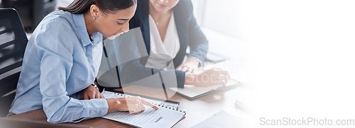 Image of Mockup, finance or business women planning budget or report for company revenue with teamwork. Documents, space or accountant woman consulting an accounting manager in meeting for project or growth