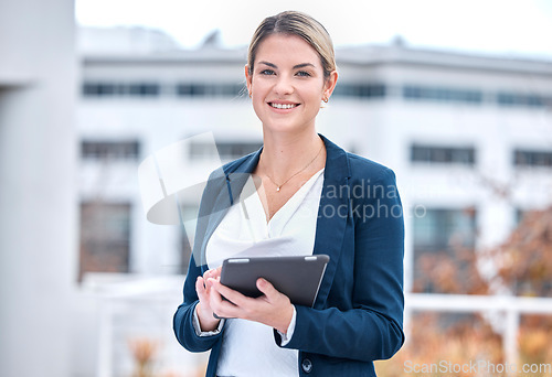 Image of Business, outdoor and woman with a tablet, portrait and inspector with online checklist, website information and smile. Face, female person or employee with technology, outside or internet connection