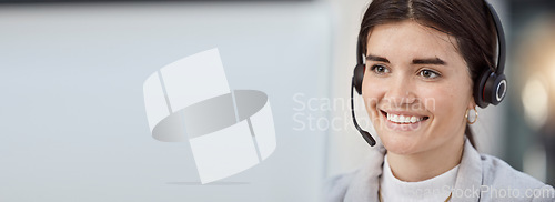 Image of Banner, call center and woman in headshot, customer service job and computer with headset, CRM and mockup space. Communication, contact us and female person in telemarketing with help desk employee