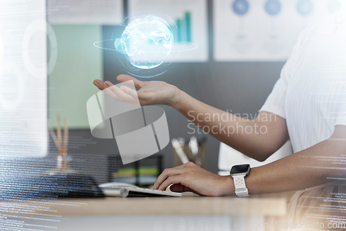 Image of Hand, 3d or businesswoman with holographic world for sustainability or global network in office. Development, overlay or developer palm with futuristic Earth or planet for digital web innovation