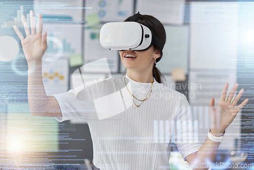 Image of Hand, overlay or woman developer with vr headset for web design planning for cybersecurity on website. 3d touch, digital or girl in augmented reality for future cloud computing at office in metaverse