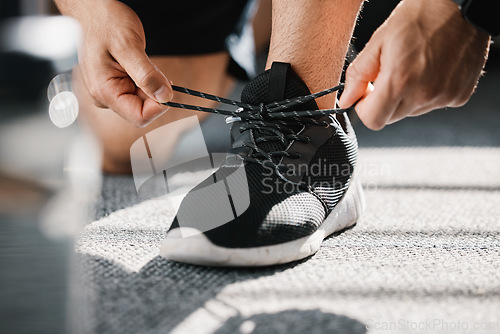 Image of Exercise, shoes and tie laces with a man in a sports gym getting ready for a cardio or endurance workout. Fitness, running and preparation with a male athlete or runner at the start of training
