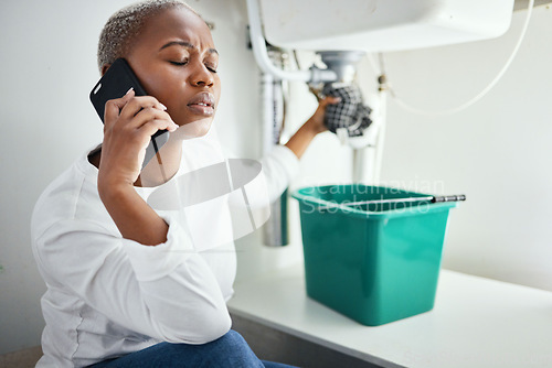 Image of Phone call, anxiety and plumbing with black woman and sink for maintenance, construction and leak. Stress, fear and communication with person and faucet repair for home renovation, handyman and labor