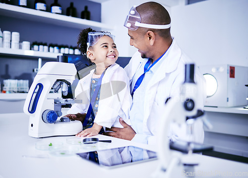 Image of Science, microscope and father with child in laboratory for medical research, chemistry and education. Healthcare, family and scientist with girl with equipment for knowledge, learning and teaching