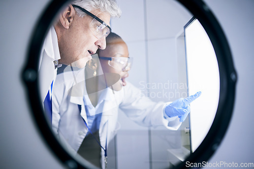 Image of Science, shock and team scientists in lab working on futuristic experiment, research or test. Biotechnology, medical and scientific researchers in collaboration on breakthrough project in incubator.