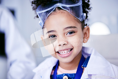 Image of Child, laboratory and medical science portrait of a girl with a smile while happy. Face of African kid student excited for future scientist, education or learning biology experiment in a class