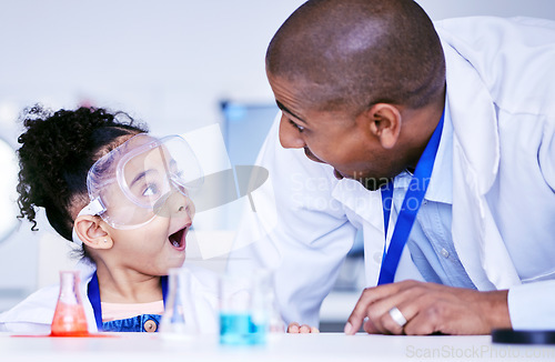 Image of Chemistry, excited and father with child in laboratory for medical research, science and education. Healthcare, family and scientist with girl with liquid sample for knowledge, learning and school