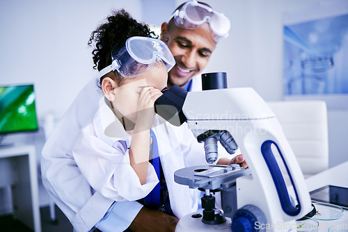 Image of Science, microscope and dad with child in laboratory for medical research, chemistry and education. Healthcare, family and scientist with girl check equipment for knowledge, learning and teaching