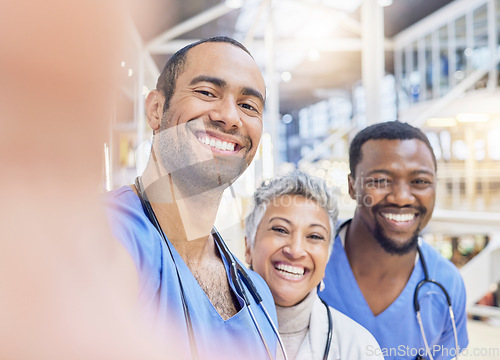 Image of Teamwork, selfie and medical staff with memory, hospital and social media with collaboration. Doctors, healthcare professional and group with faces of medicine and career with happiness and goals