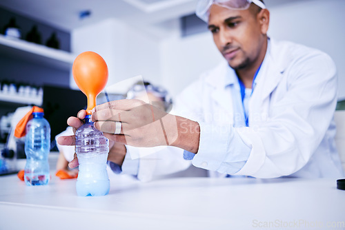 Image of Chemistry, balloon and father with child in laboratory for medical research, science and education. Healthcare, family and scientist dad with girl do experiment for knowledge, learning and teaching