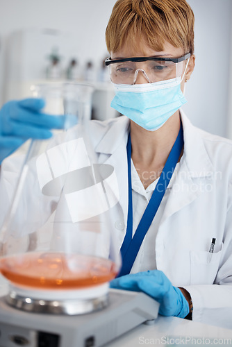 Image of Scientist, laboratory and mask, woman with pharmaceutical test and chemistry study for medicine. Medical exam, research and innovation in health care, biotechnology and chemical investigation results