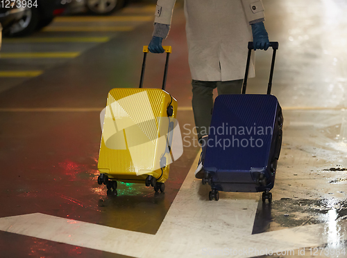 Image of Back view of walking woman with two suitcase. Beautiful girl in motion. Backside view of traveler with baggage