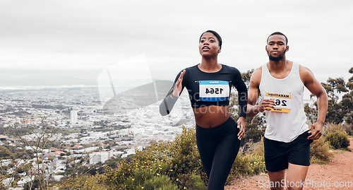 Image of Marathon couple, mountain race and fitness with workout and training together for a running. Runner, young people and road on a exercise challenge outdoor with sport cardio performance in nature