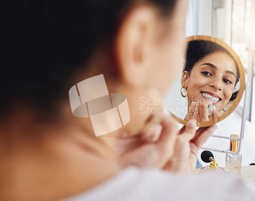 Image of Woman, lipstick and mirror at home with a smile from makeup and cosmetics. Young female person, face and morning routine feeling happy with beauty and skincare in house with wellness and cosmetology