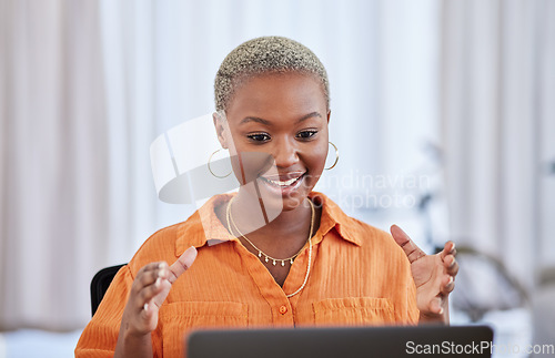 Image of Presentation, laptop and business black woman on video call for discussion, planning and startup ideas. Remote work, communication and happy female worker talking on computer for home presentation