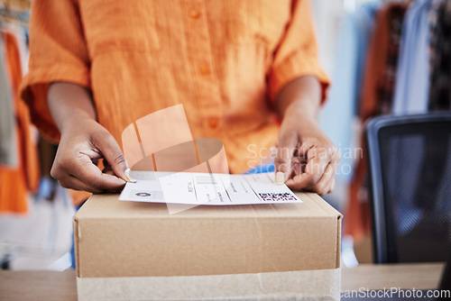 Image of Hands, label or woman with box for delivery, shipping or package with logistics in ecommerce in office. Closeup, stock or business owner with product or store order for cargo service or sticker sign