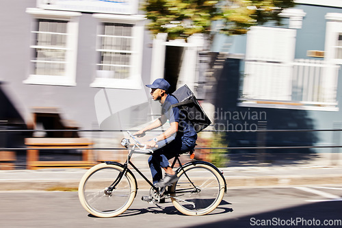 Image of Transportation, delivery on bicycle with parcel and city street for distribution service. Eco friendly transport or logistics, cycling courier and male person with package for shipping in road