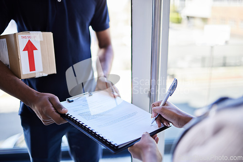 Image of Online shopping, woman sign paperwork and package box with delivery man at front door. Ecommerce or distribution, supply chain or logistics and female person receive parcel with clipboard documents