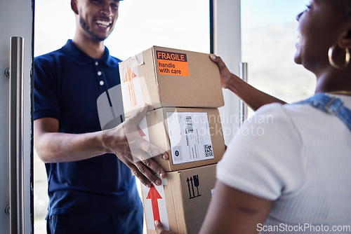 Image of Ecommerce, delivery man with package boxes and woman at her front door for logistics. Distribution or online shopping, courier supply chain or shipping and happy man with cardboard parcel packaging
