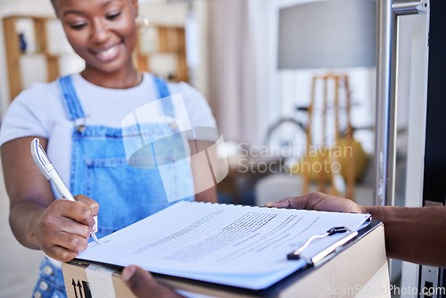 Image of Ecommerce, black woman sign paperwork and package delivery at front door. Online shopping or logistics, supply chain or distribution and happy African female person receive parcel box with documents