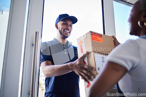 Image of Ecommerce, happy delivery man with box and woman at her front door. Online shopping or logistics, supply chain or distribution and African female person receive her cardboard parcel with smile