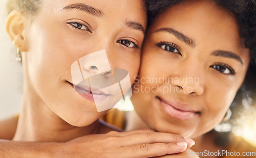 Image of Love, portrait of lesbian couple and happy for positive connection or trust. Care or support, pride friendship or happiness and closeup face of cheerful women together for lgbtq or bonding time