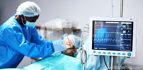 Image of Healthcare, doctor and patient in oxygen mask with monitor for surgery, emergency care and hospital. Breathing, screen and surgeon helping person in operation, digital graphs to check medical results