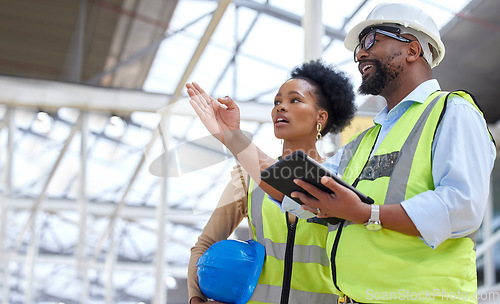 Image of Construction team, tablet and inspection planning from engineer staff at job site. Collaboration, architect worker and communication together with building and industrial project with conversation