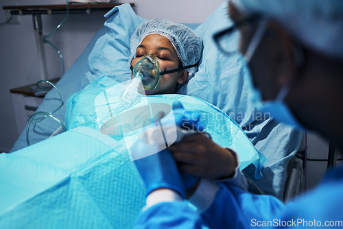 Image of Hope, doctor and patient holding hands after surgery, emergency care and empathy, woman in hospital. Breathing, support and trust, surgeon with helping hand in operation, kindness and medical results