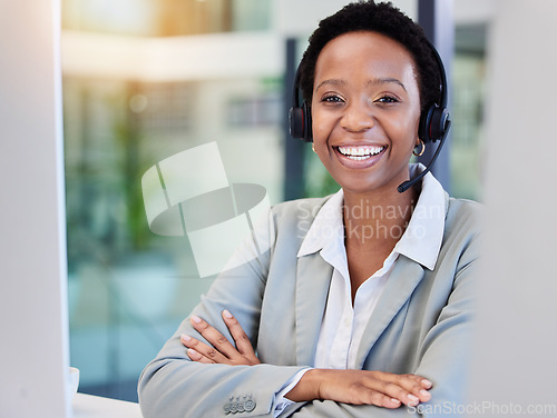 Image of Black woman, smile or desk in call center for customer support, contact and advice at computer. Happy person and agent at telemarketing company for sales consulting or professional telecom service