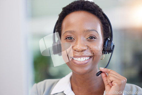 Image of Black woman, telemarketing and smile for communication, customer support or contact in call center for CRM questions. Face, happy receptionist and agent for sales consulting, telecom or advisory help