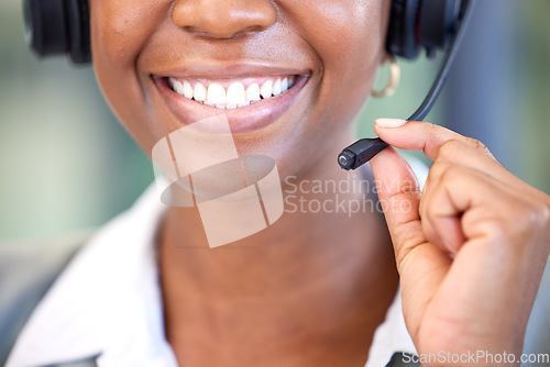 Image of Woman, call center and mouth for communication, customer support or contact us for CRM questions. Closeup, face and happy agent with microphone for telemarketing, sales consulting or telecom advisory