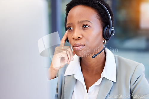 Image of Call center, stress and black woman frustrated by faq, customer service or internet delay in office. Contact us, face and annoyed African lady consultant with 404, glitch or problem while consulting