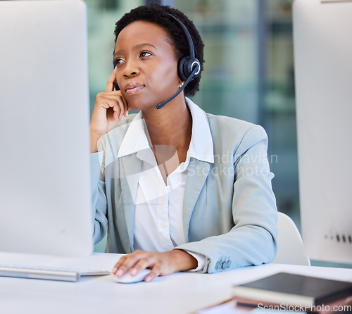 Image of Stress, call center and black woman frustrated by faq, customer service or internet delay in office. Contact us, face and annoyed African lady consultant with 404, glitch or problem while consulting