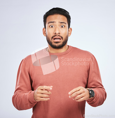 Image of Wtf, wow and portrait of asian man with surprise in studio for gossip, secret or drama on grey background. Omg, face and male person with emoji expression for terror, horror or shocking news or rumor