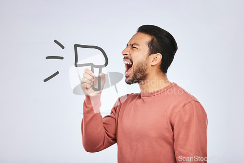 Image of Megaphone, speech and angry asian man in studio screaming for protest, change or justice on grey background. Bullhorn, noise and frustrated male speaker with announcement, vote or transformation news