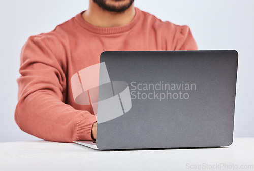 Image of Laptop space, IT and closeup of man in studio, white background or programming digital code. Model, software developer and back of screen with computer engineer, technology and coding date on website