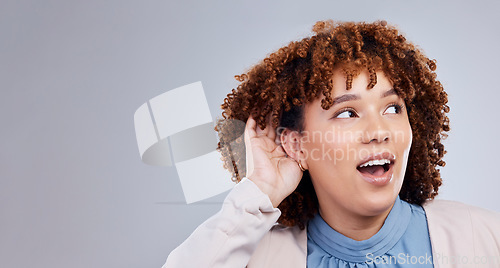 Image of Space, rumor and listen with face of woman in studio for information, gossip and whisper. News, announcement and banner with female person on grey background for secret, curious and attention