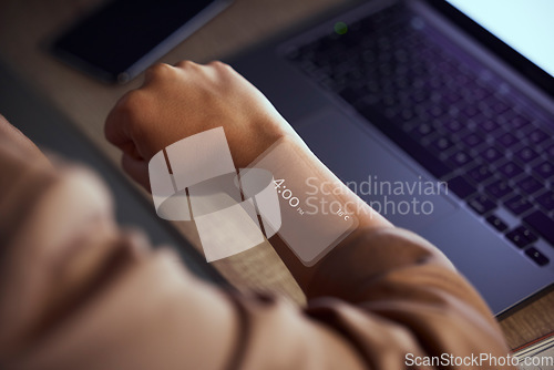 Image of Person, arm and hud at night for time, schedule or working late at the office by computer. Hand of employee checking digital wristwatch display, hologram or dashboard for appointment at the workplace