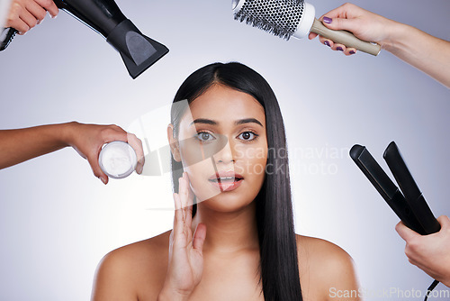 Image of Beauty, portrait and woman in studio for makeover, grooming and and treatment on white background. Face, haircare and hands of styling team with female wellness model for glamour keratin results