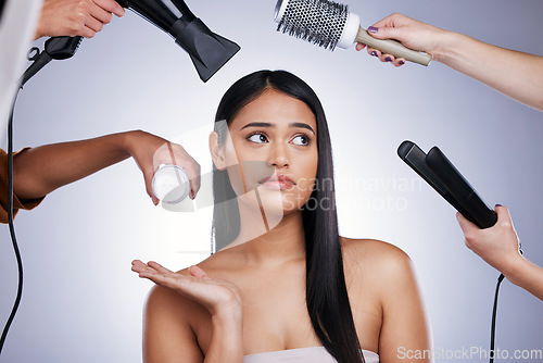 Image of Beauty, choice and woman in studio for makeover, grooming and treatment on grey background space. Haircare, decision and hands of styling team with female wellness model for glamour keratin results