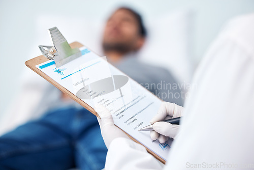 Image of Clipboard, hands and doctor with medical report for a patient on a hospital or clinic bed for healthcare treatment. Diagnosis, prescription and medicine employee or worker writing exam for insurance